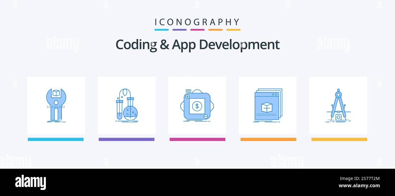 Coding And App Development Blue 5 Icon Pack Including app. mobile. lab. application. store. Creative Icons Design Stock Vector