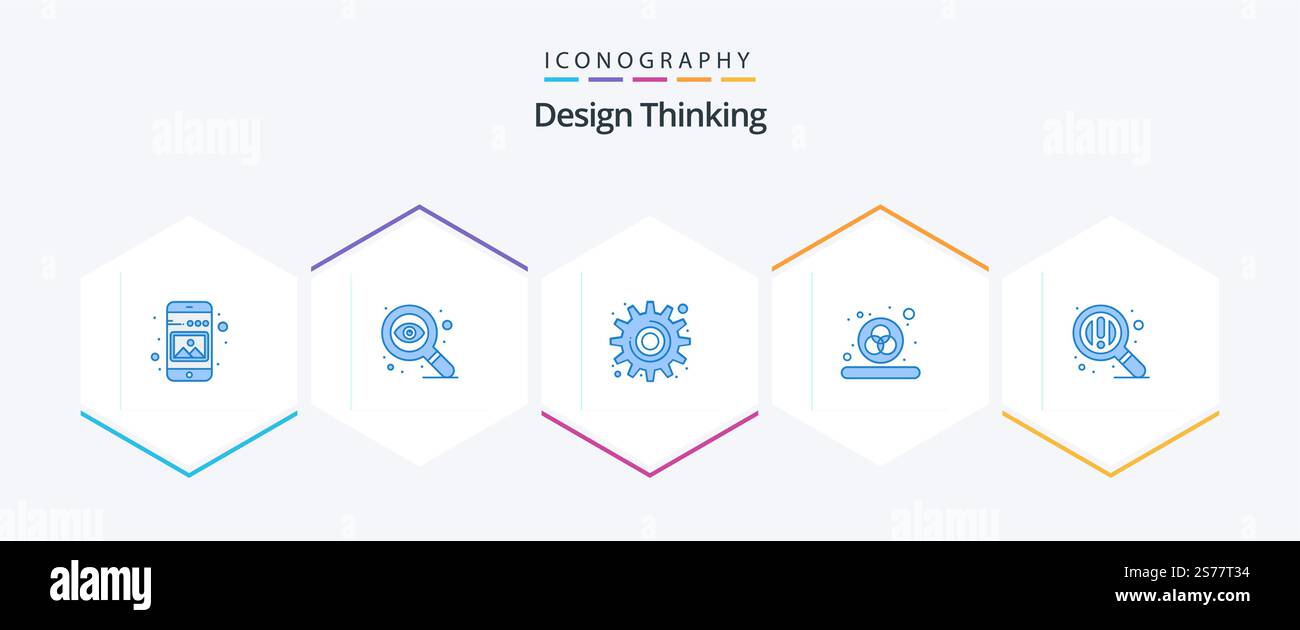 Design Thinking 25 Blue icon pack including zoom. find. cog. rgb. color Stock Vector