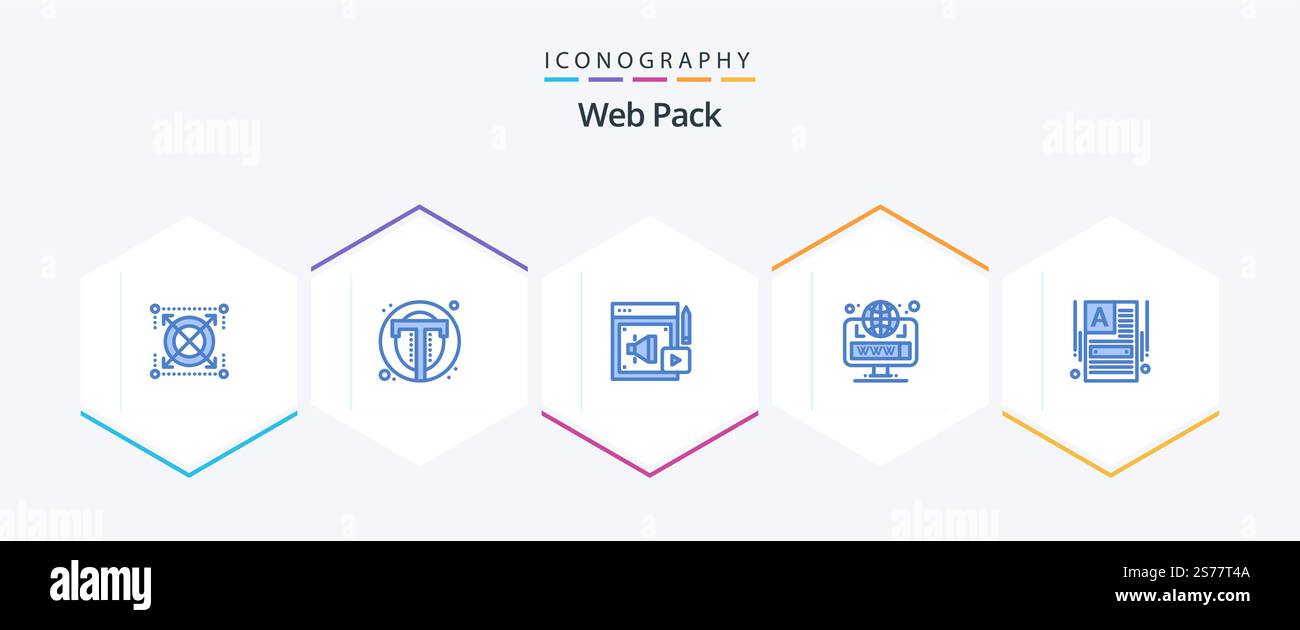 Web Pack 25 Blue icon pack including make a website. site. web. globe. megaphone Stock Vector