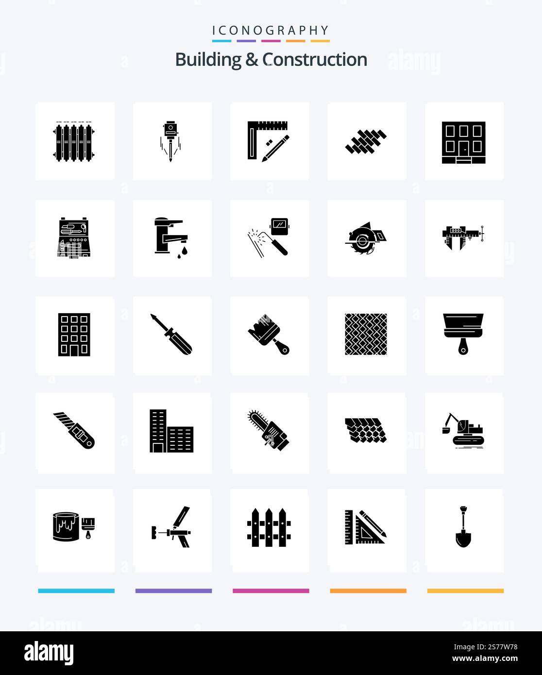 Creative Building And Construction 25 Glyph Solid Black icon pack  Such As tile. bricks. level. design. pencil Stock Vector