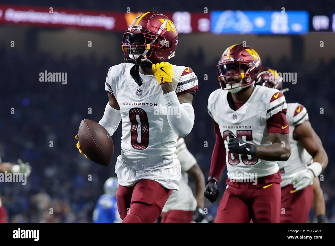 Mike Commanders Washington Commanders cornerback Mike Sainristil (0) reacts to his ...