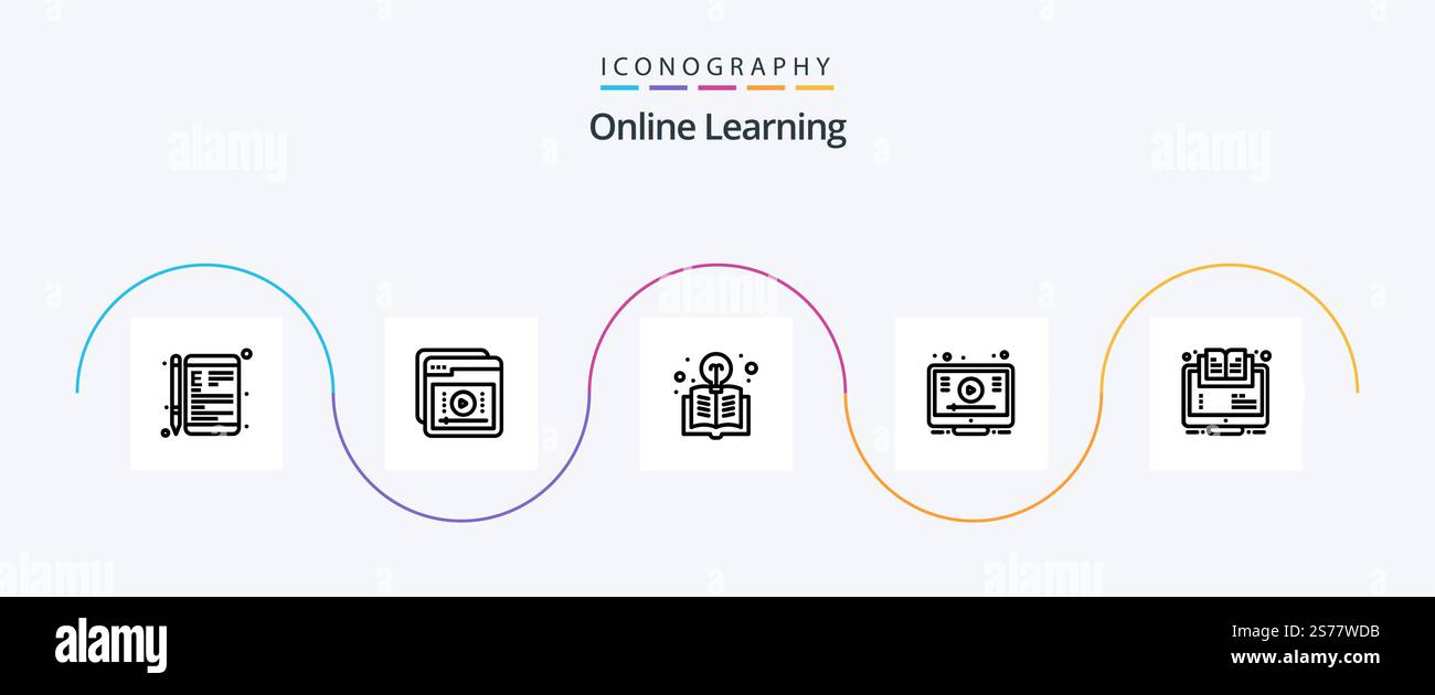 Online Learning Line 5 Icon Pack Including youtube. online. learning. learn. light Stock Vector