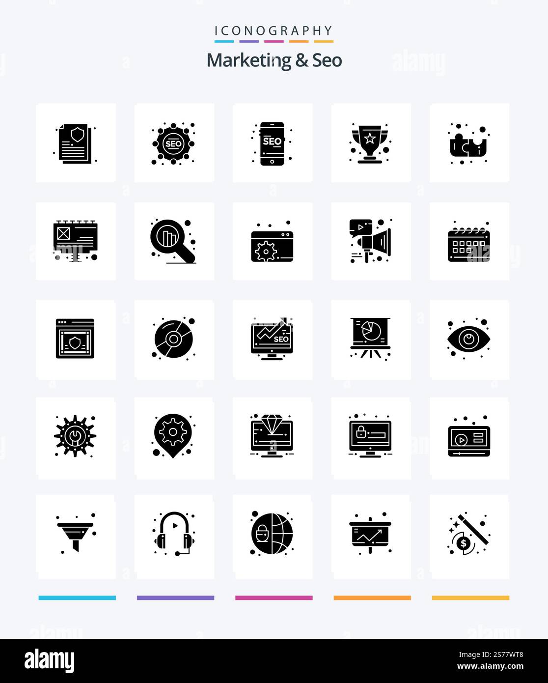 Creative Marketing And Seo 25 Glyph Solid Black icon pack  Such As ad. puzzle. marketing. education. winner Stock Vector
