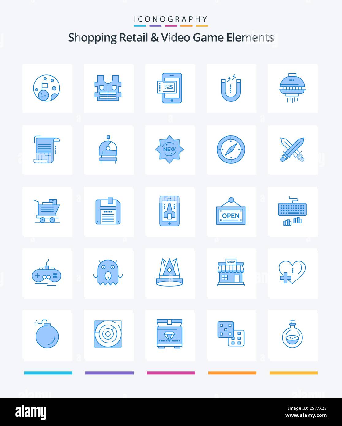 Creative Shoping Retail And Video Game Elements 25 Blue icon pack  Such As ufo. shuttle. shopping. space. attracting Stock Vector