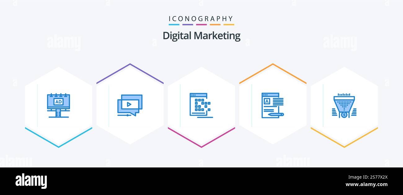 Digital Marketing 25 Blue icon pack including article. document. video. record. network Stock Vector