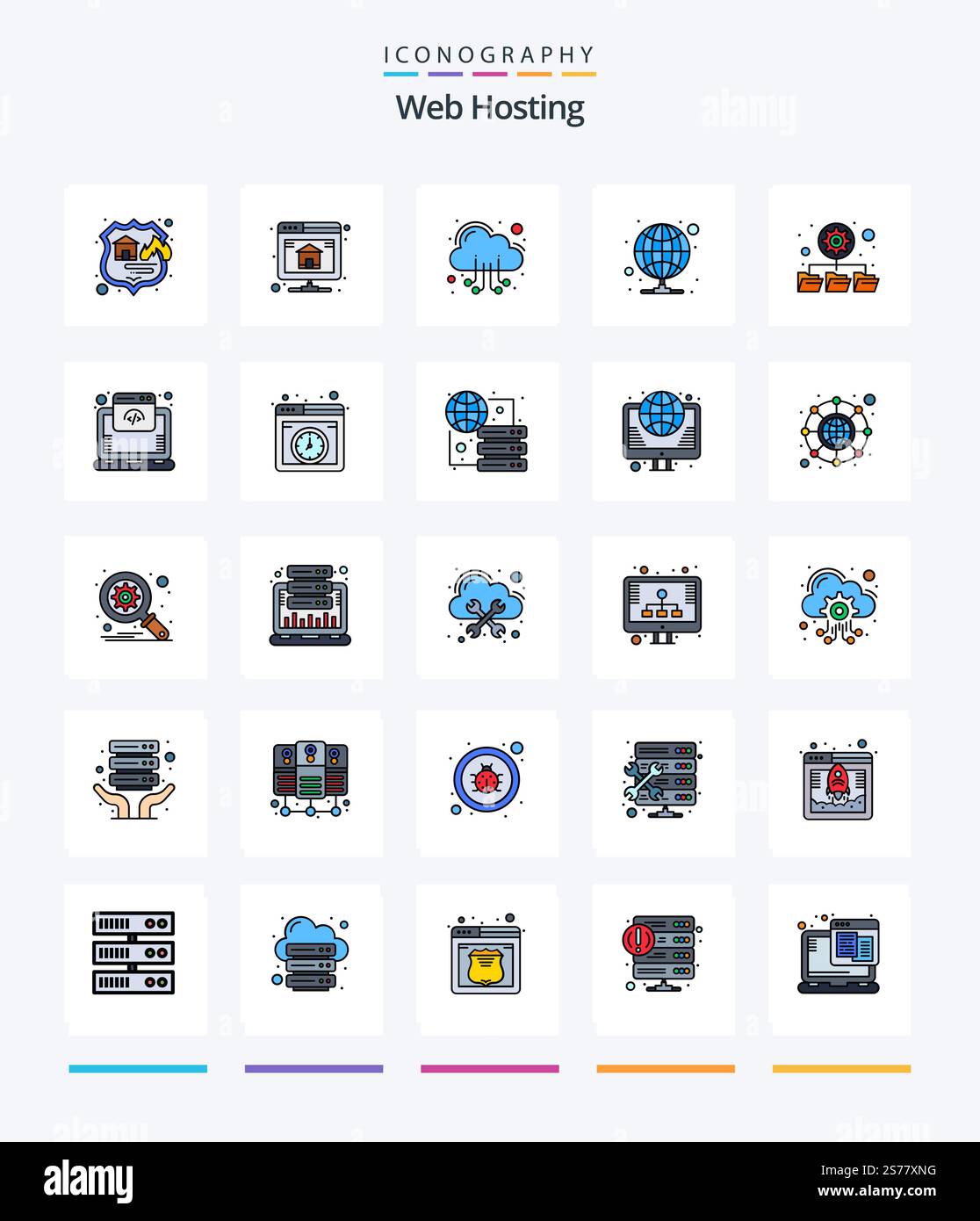 Creative Web Hosting 25 Line FIlled icon pack  Such As folders. server. cloud. proxy. hosting Stock Vector