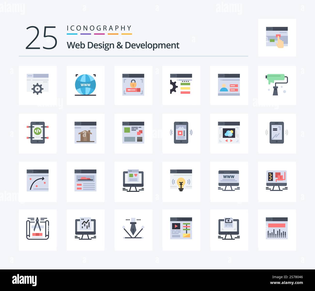 Web Design And Development 25 Flat Color icon pack including security. web. web design. user. setting Stock Vector