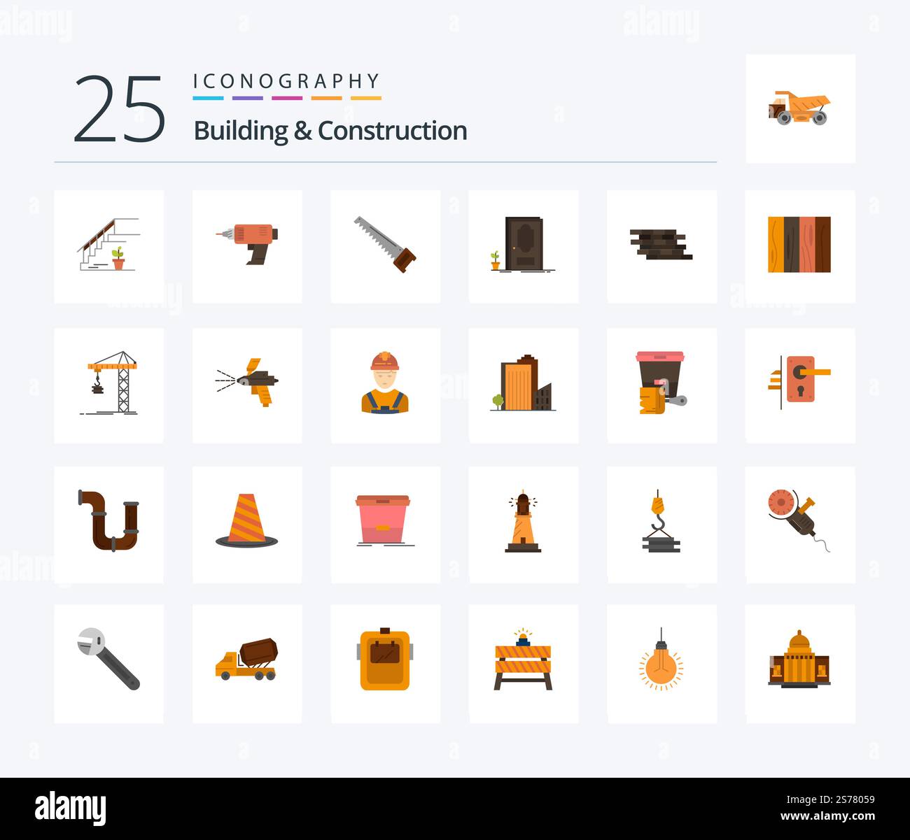 Building And Construction 25 Flat Color icon pack including wood. door ...