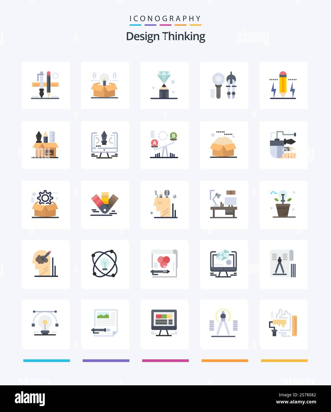 Creative Design Thinking 25 Flat icon pack  Such As design. . idea. value. jewel Stock Vector