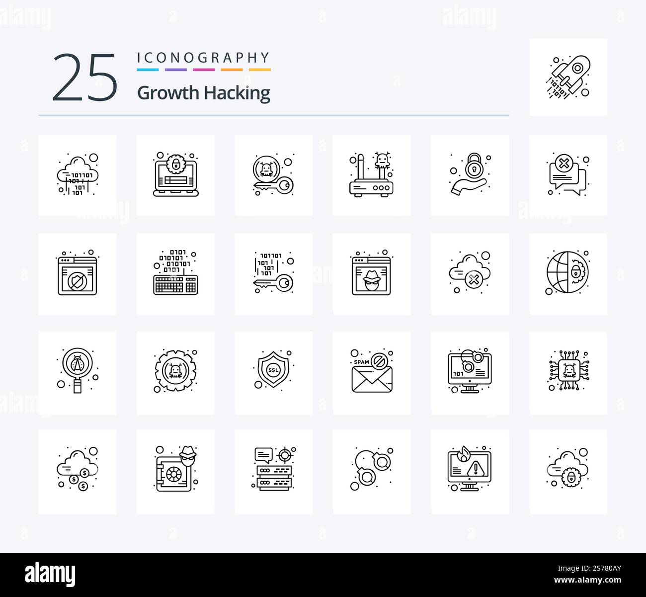 Hacking 25 Line icon pack including network. internet. secure. error. private Stock Vector