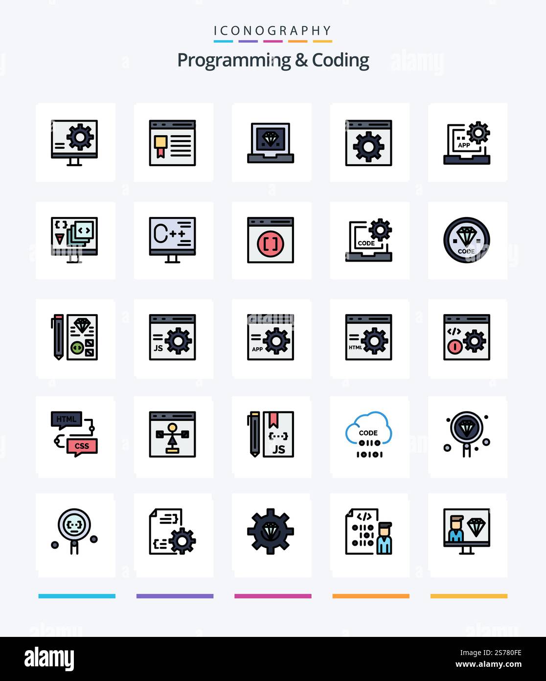 Creative Programming And Coding 25 Line FIlled icon pack  Such As develop. app. page. . development Stock Vector