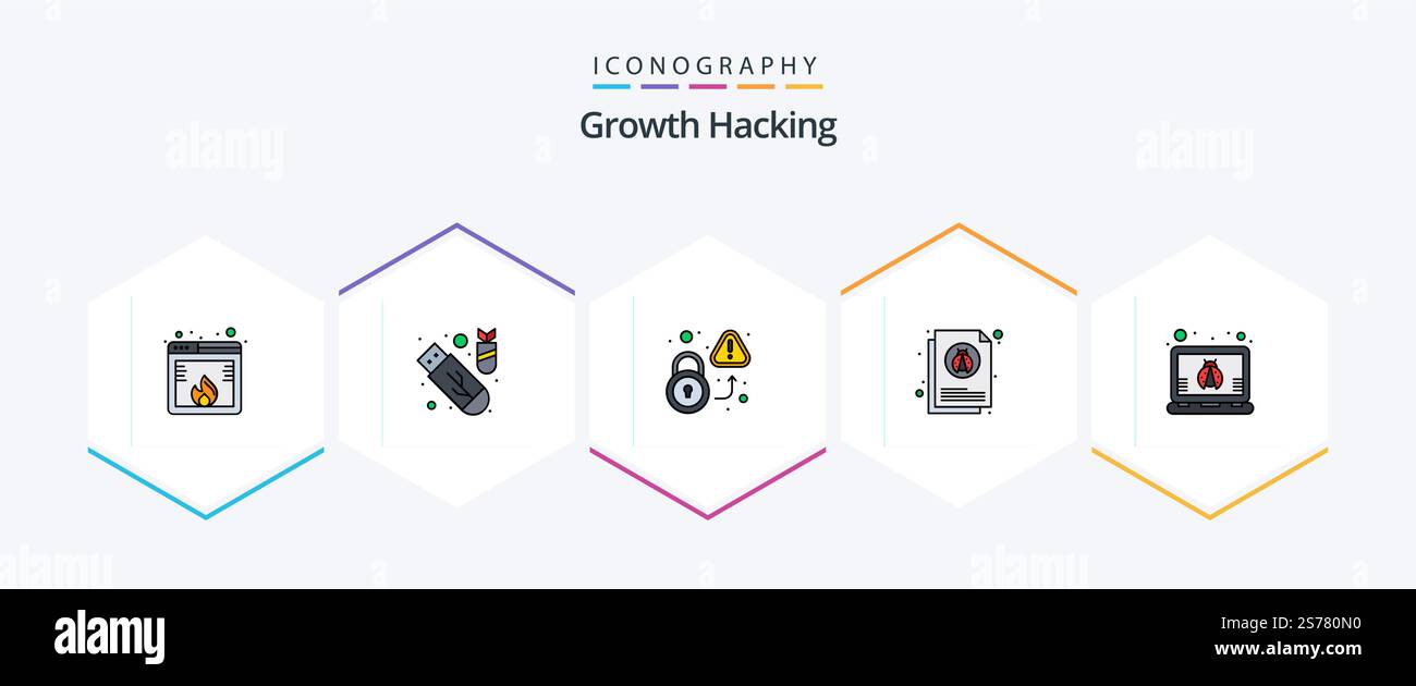 Hacking 25 FilledLine icon pack including insect. document. ddos. bug. warning Stock Vector