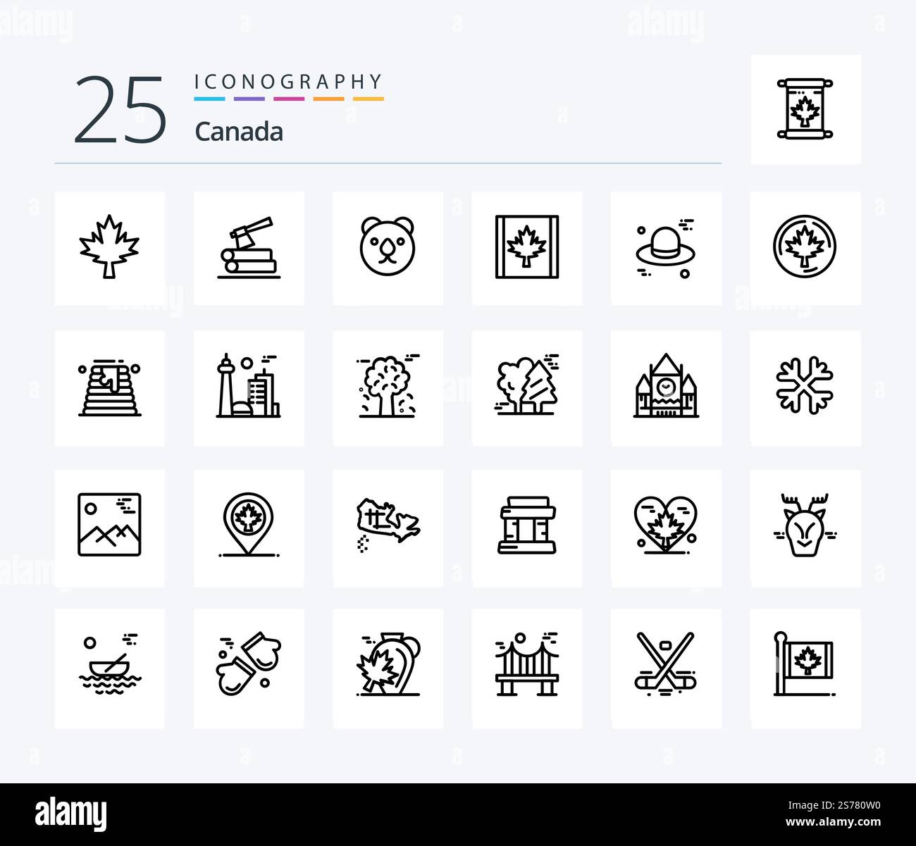 Canada 25 Line icon pack including canada. canada. head. cap. leaf Stock Vector