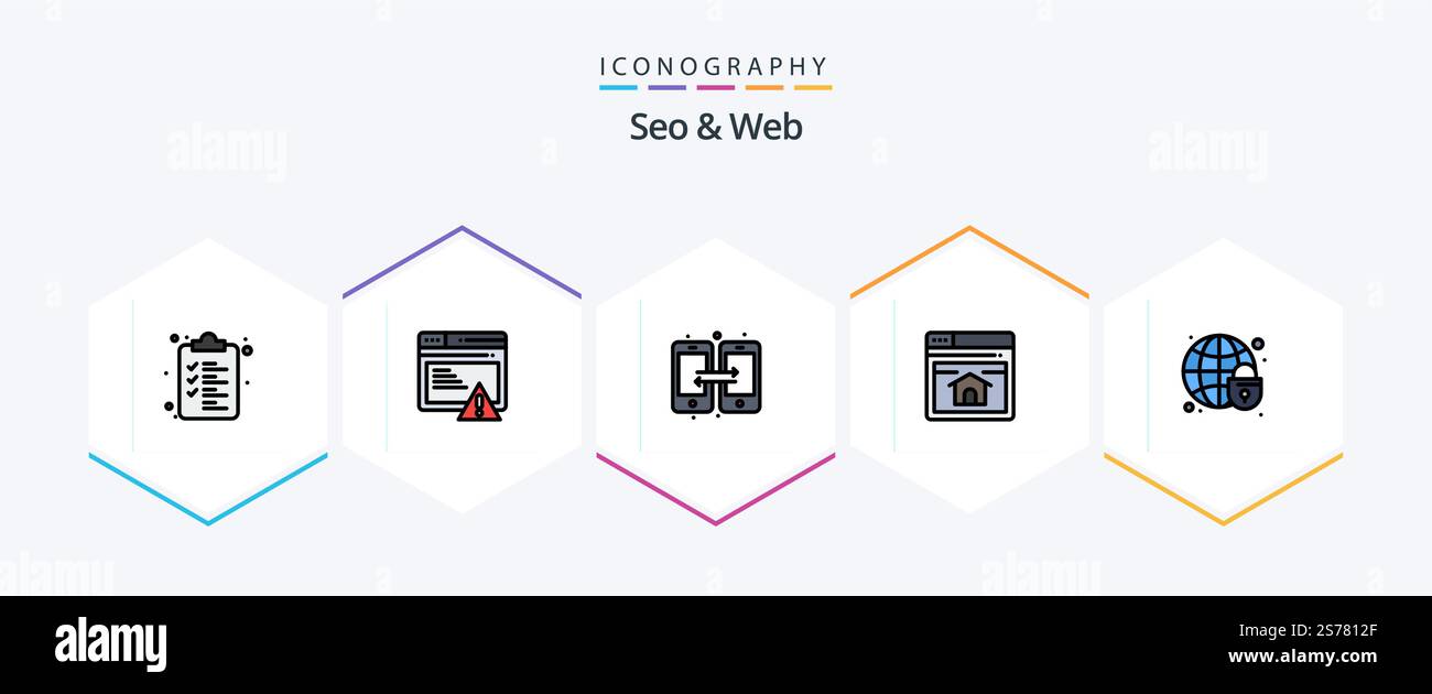 Seo and Web 25 FilledLine icon pack including globe lock. global security. data. home page. web Stock Vector