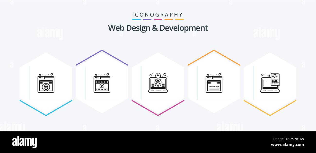 Web Design And Development 25 Line icon pack including device. javascript. creative. development. laptop Stock Vector