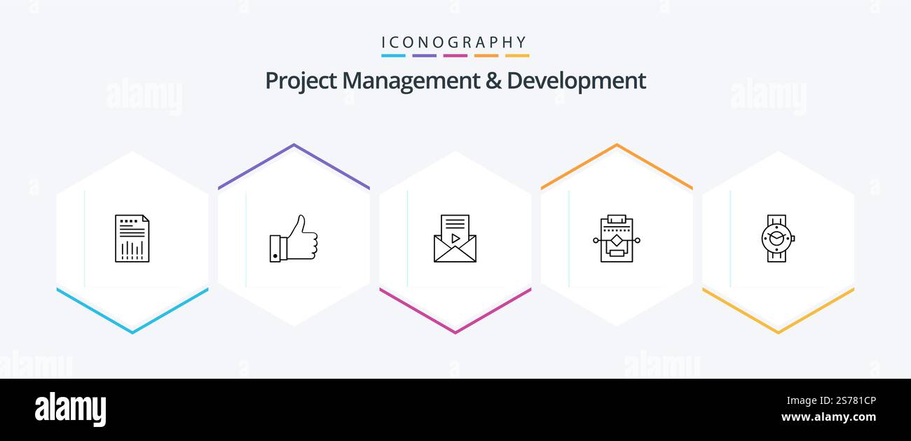 Project Management And Development 25 Line icon pack including process. workflow. remarks. video player. message Stock Vector