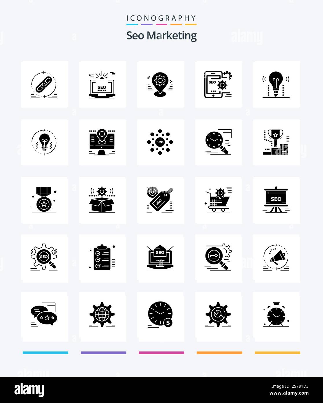 Creative Seo Marketing 25 Glyph Solid Black icon pack  Such As optimize. seo. configuration. setting. map Stock Vector