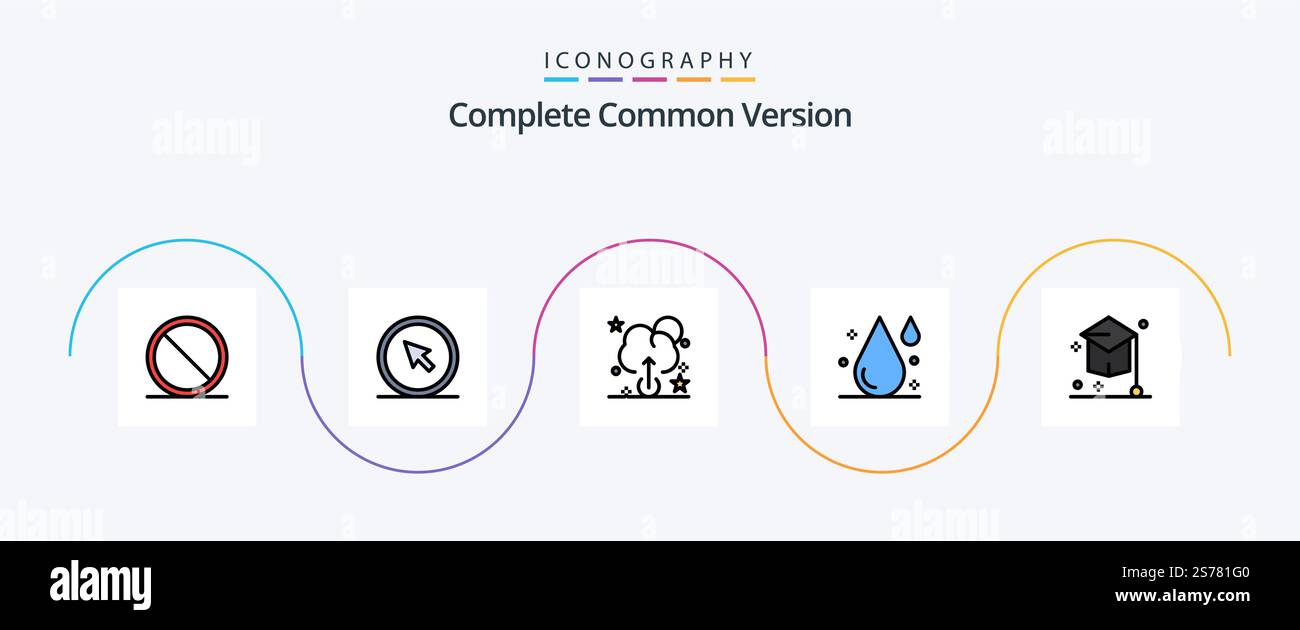 Complete Common Version Line Filled Flat 5 Icon Pack Including education. college. pointer. water. drink Stock Vector