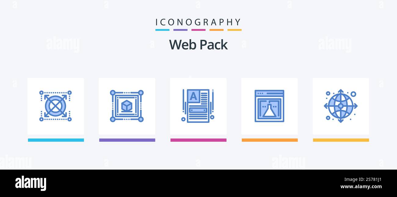 Web Pack Blue 5 Icon Pack Including globe. web. make a website. research. flask. Creative Icons Design Stock Vector
