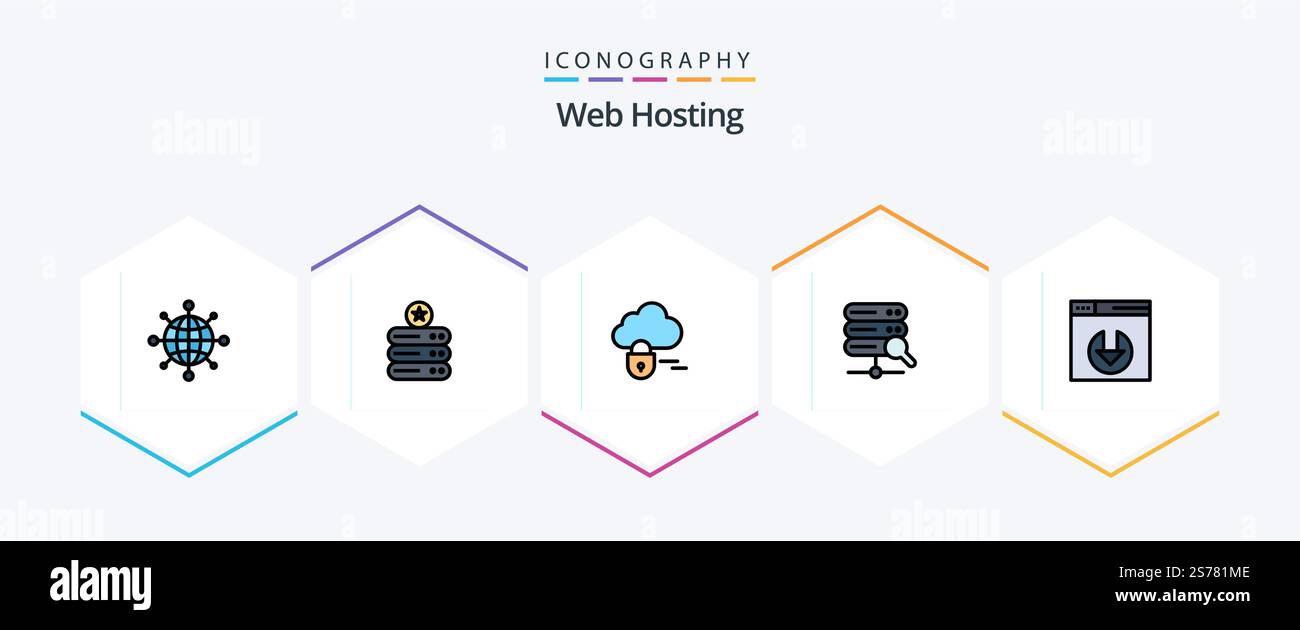 Web Hosting 25 FilledLine icon pack including . server download. lock. server download. search Stock Vector