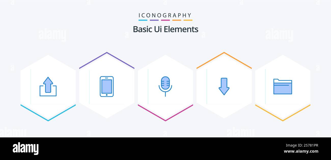 Basic Ui Elements 25 Blue icon pack including file. download. mic. down. arrow Stock Vector