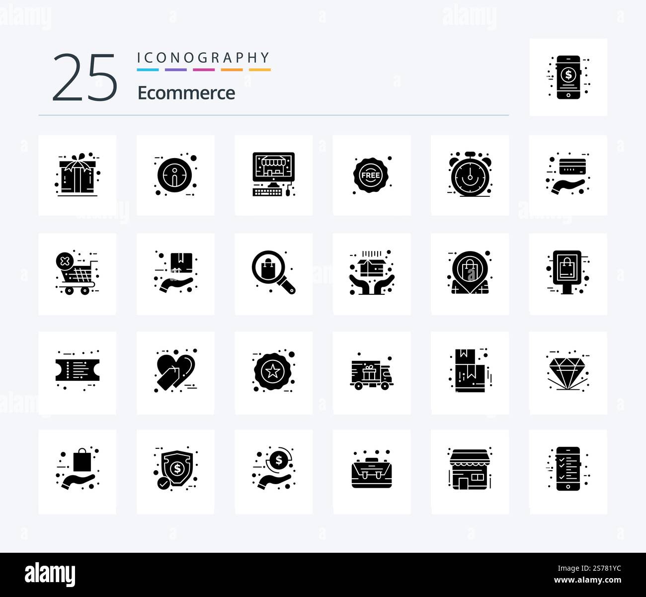 Ecommerce 25 Solid Glyph icon pack including sale. ecommerce. pc. clock. sticker Stock Vector