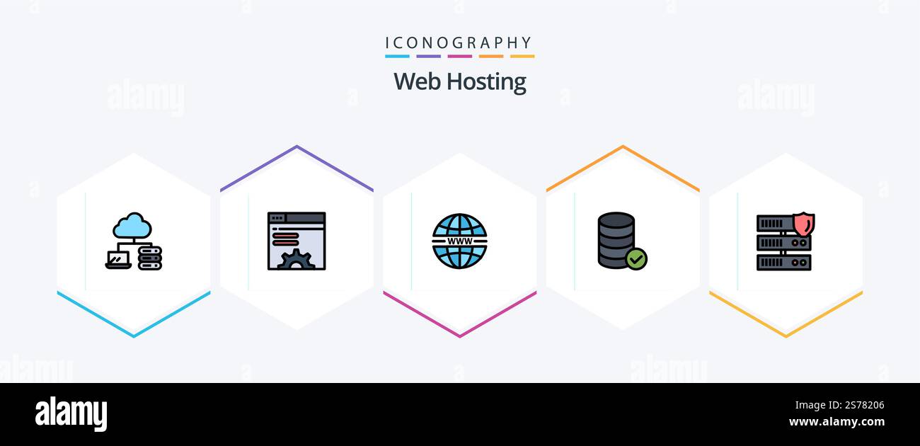 Web Hosting 25 FilledLine icon pack including secure. data. security. web. security Stock Vector