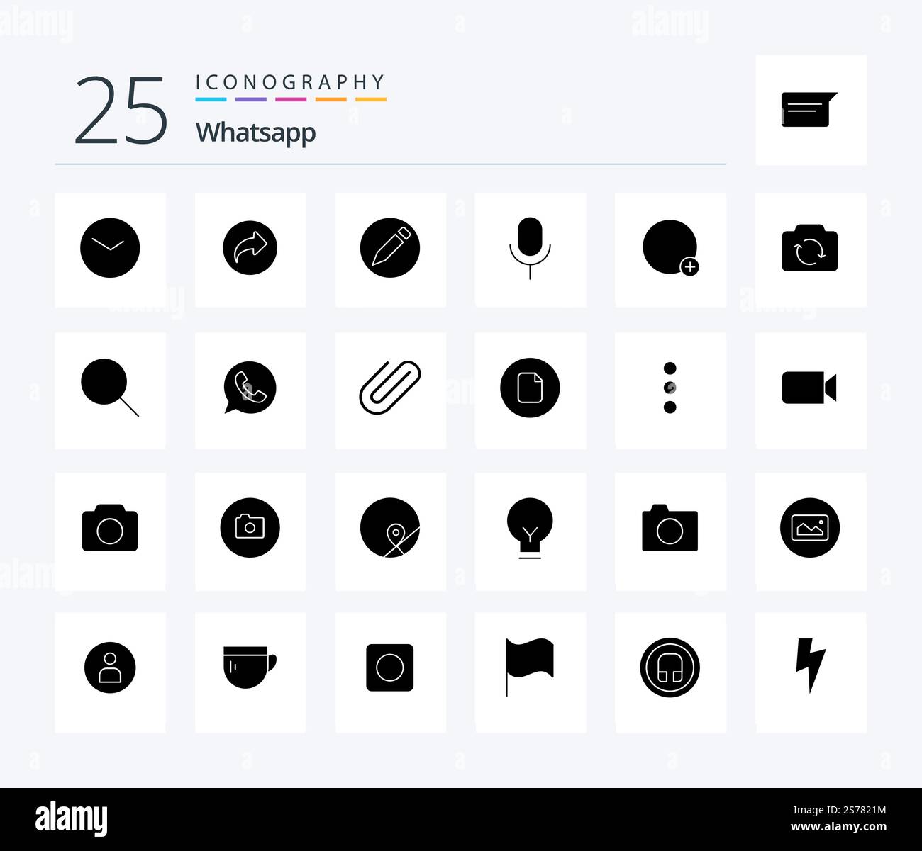 Whatsapp 25 Solid Glyph icon pack including sign. basic. basic. ui. microphone Stock Vector