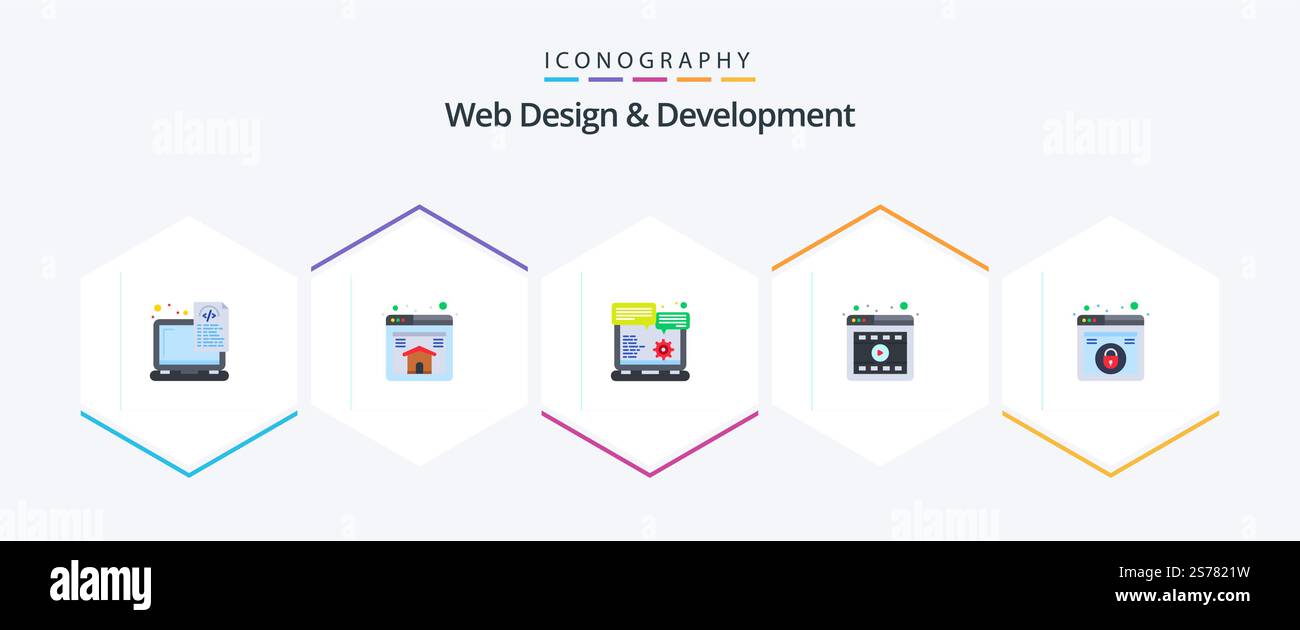 Web Design And Development 25 Flat icon pack including design. video. browser. player. Stock Vector