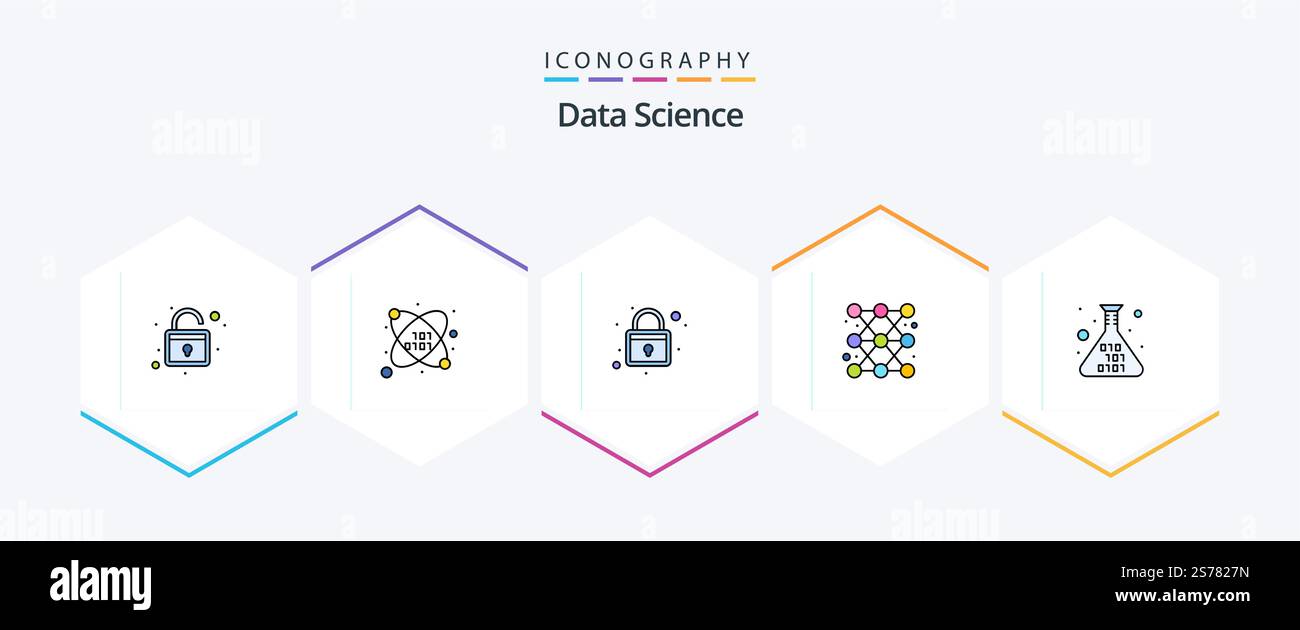Data Science 25 FilledLine icon pack including code. research. rack. report. diagram Stock Vector