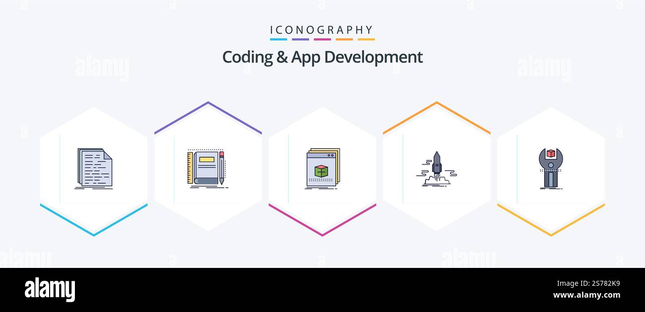 Coding And App Development 25 FilledLine icon pack including app. launch. pocket. program. application Stock Vector