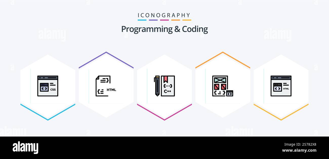 Programming And Coding 25 FilledLine icon pack including develop. app. file. development. coding Stock Vector