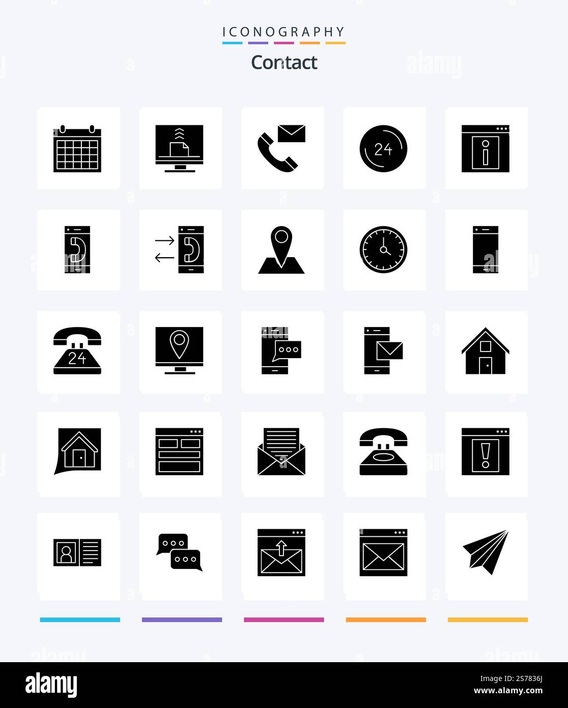 Creative Contact 25 Glyph Solid Black icon pack  Such As clock. anytime. desktop. info. contact us Stock Vector
