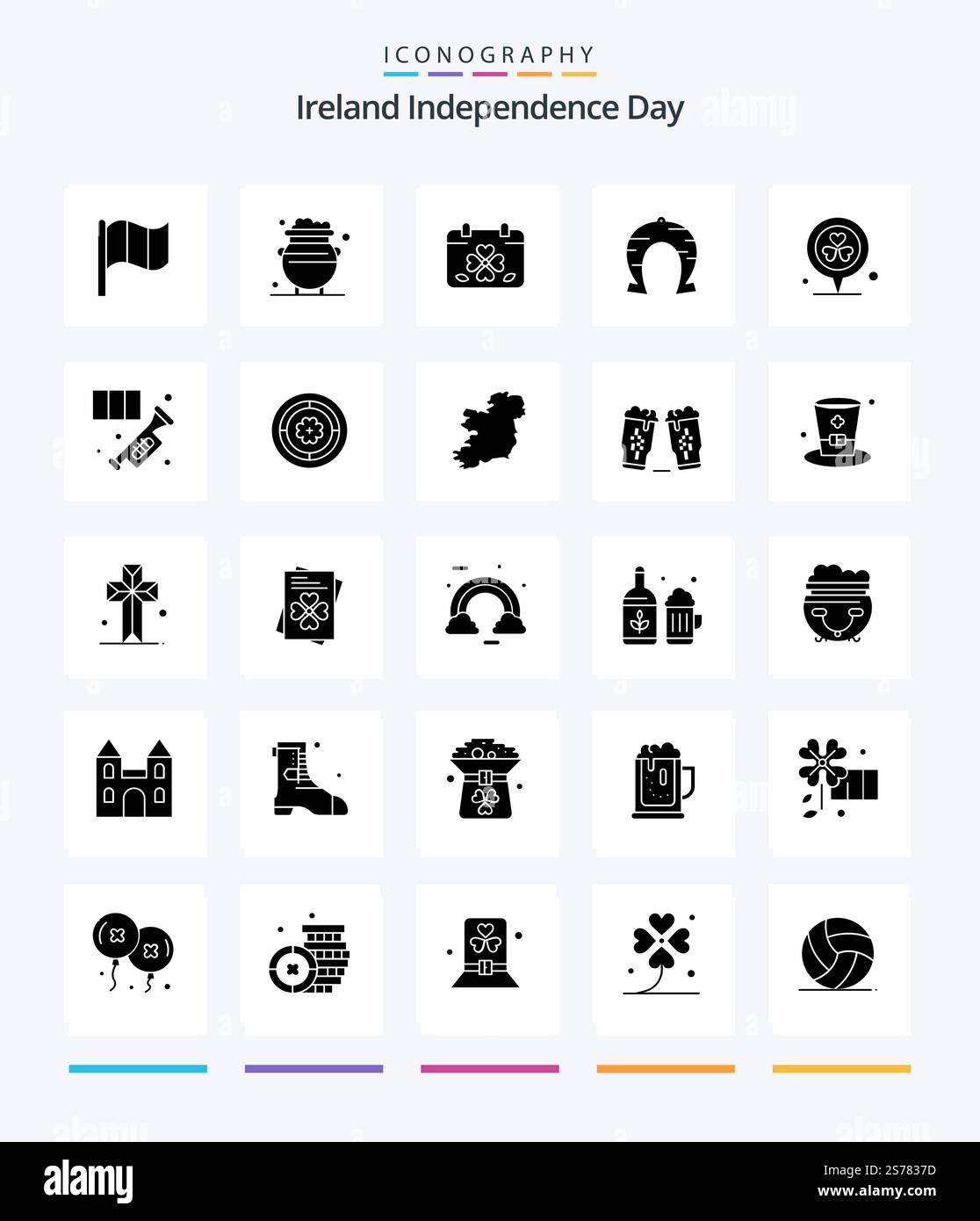 Creative Ireland Independence Day 25 Glyph Solid Black icon pack  Such As patricks. horseshoe. calendar. fortune. patricks Stock Vector