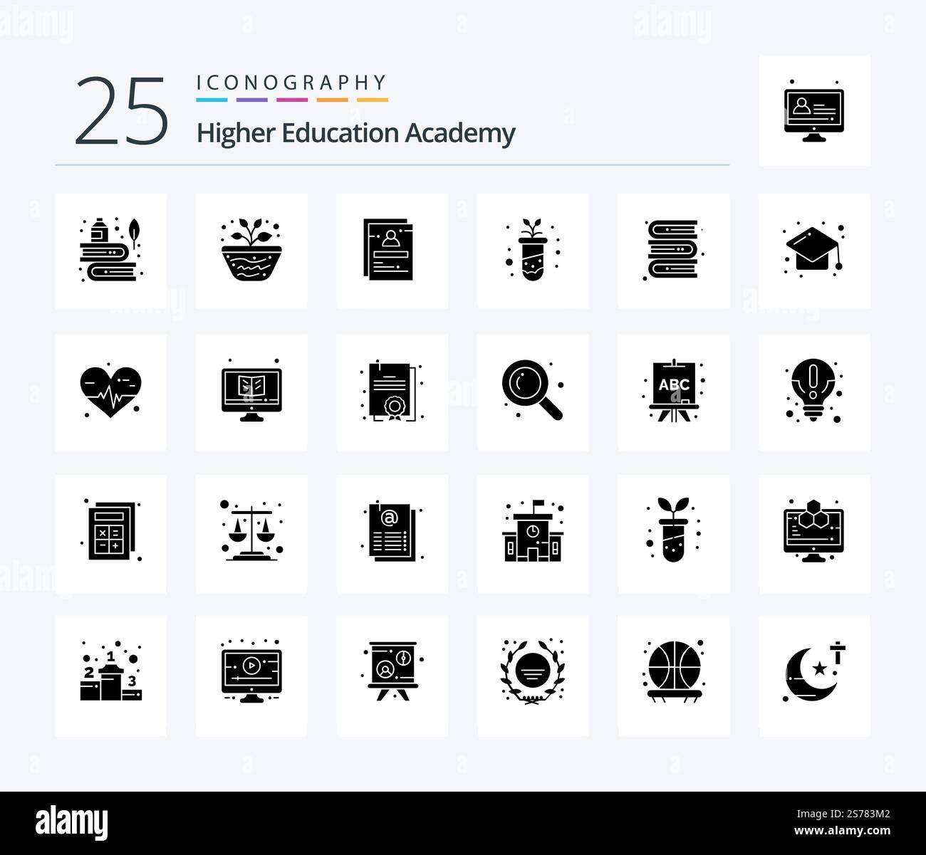 Academy 25 Solid Glyph icon pack including study. agriculture. study. user. staff Stock Vector