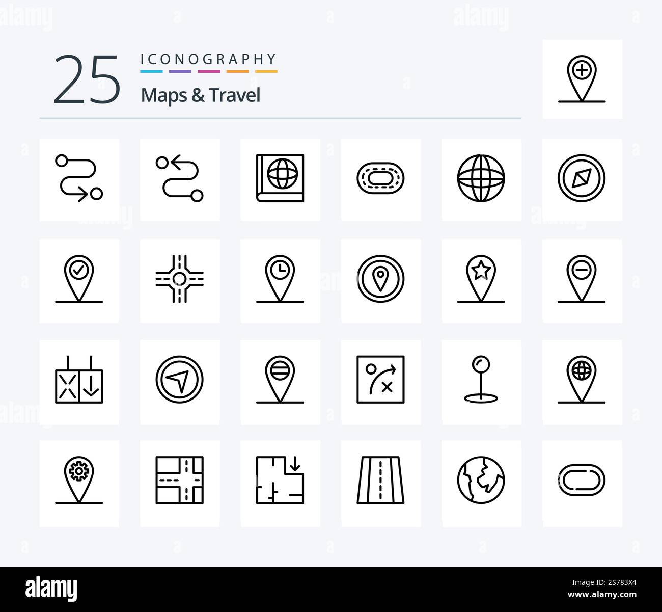 Maps & Travel 25 Line icon pack including time. geo. arrow. crossroad ...