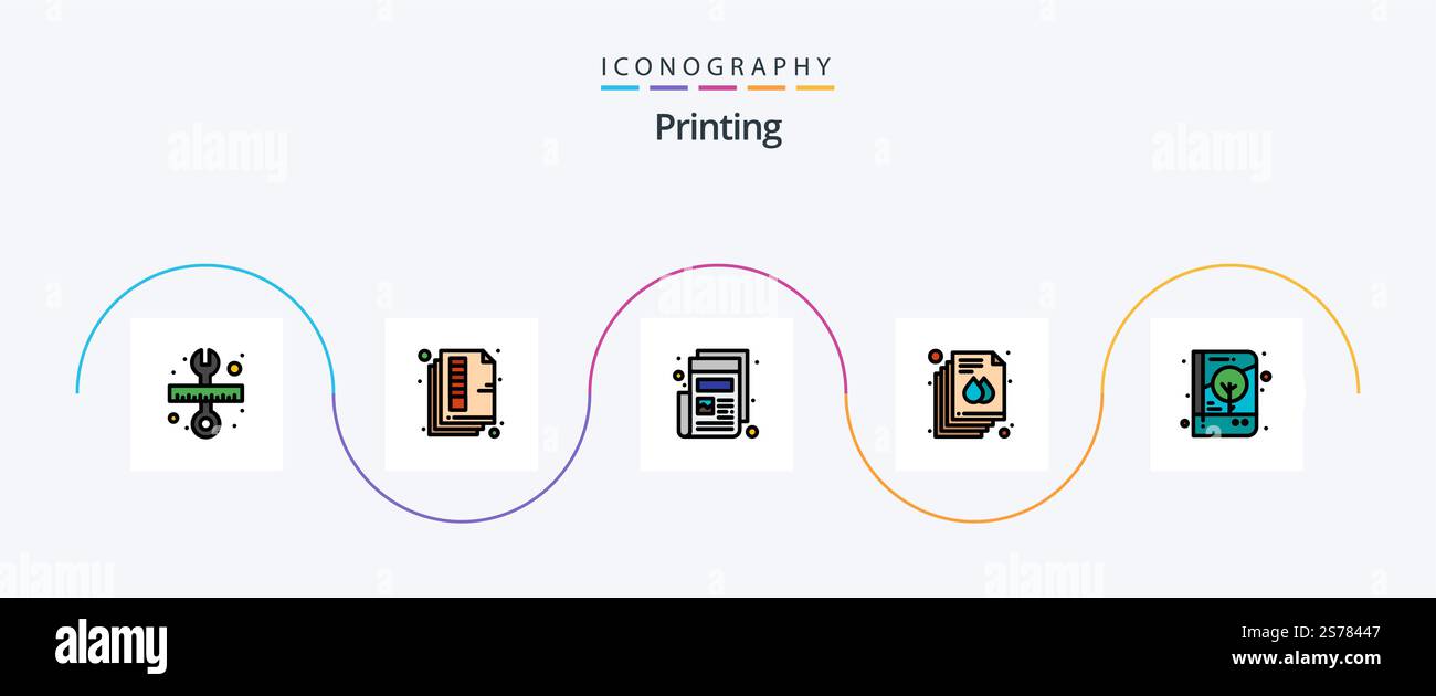 Printing Line Filled Flat 5 Icon Pack Including book. print. color ...