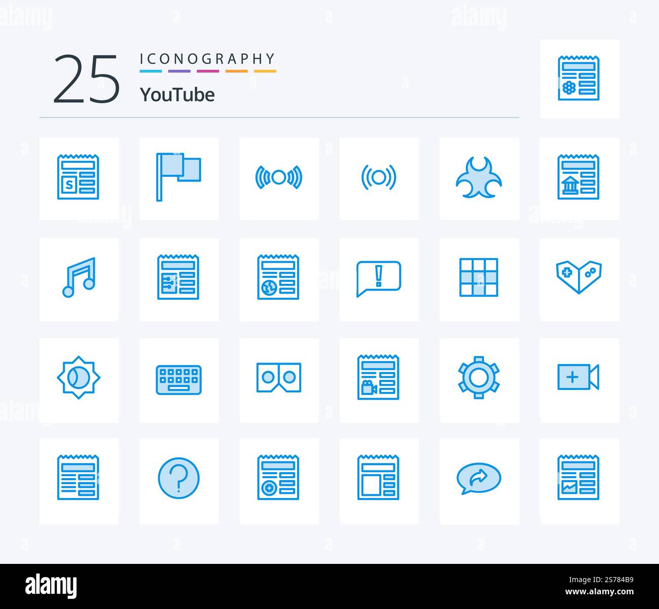Youtube 25 Blue Color icon pack including document. science. essential. sign. bio Stock Vector
