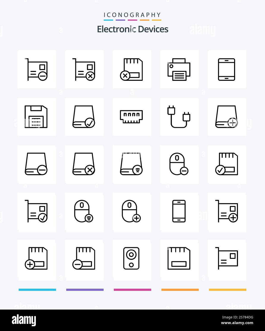 Creative Devices 25 OutLine icon pack  Such As gadget. computers. hardware. printer. gadget Stock Vector