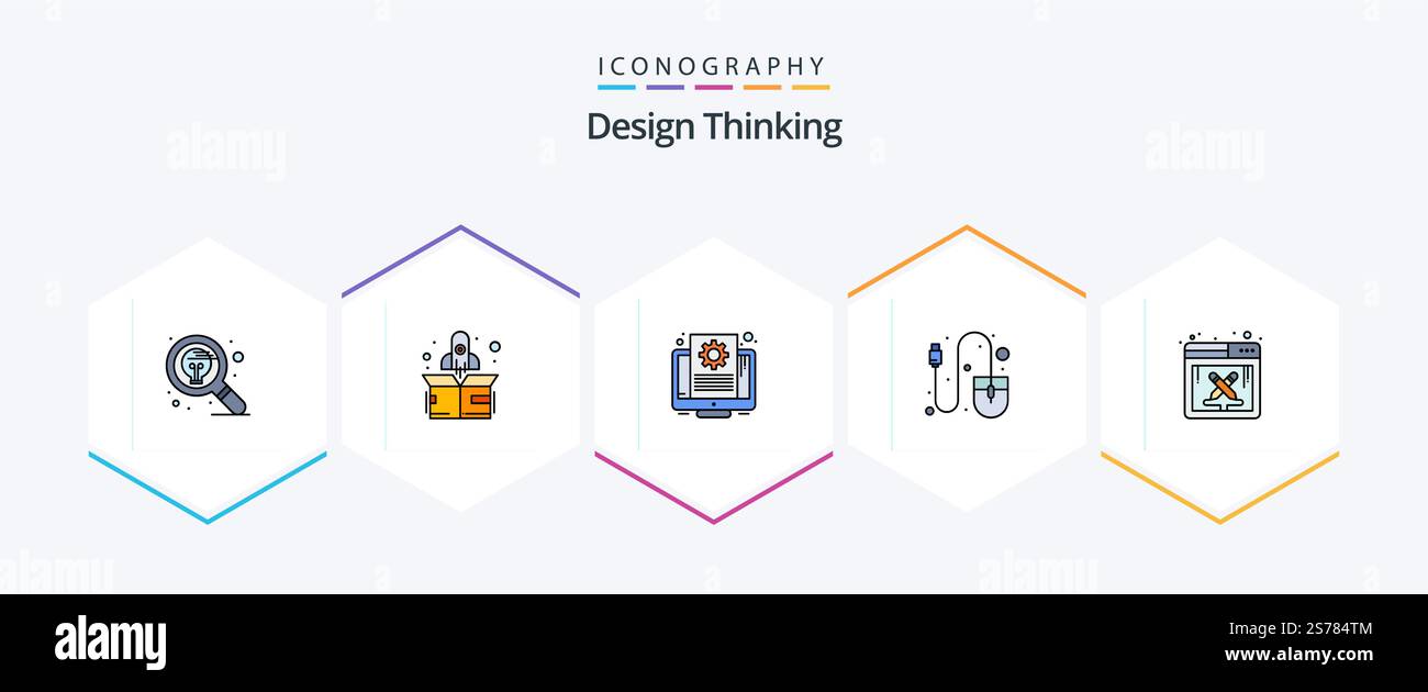 Design Thinking 25 FilledLine icon pack including design work. tool. document. mouse. computer Stock Vector
