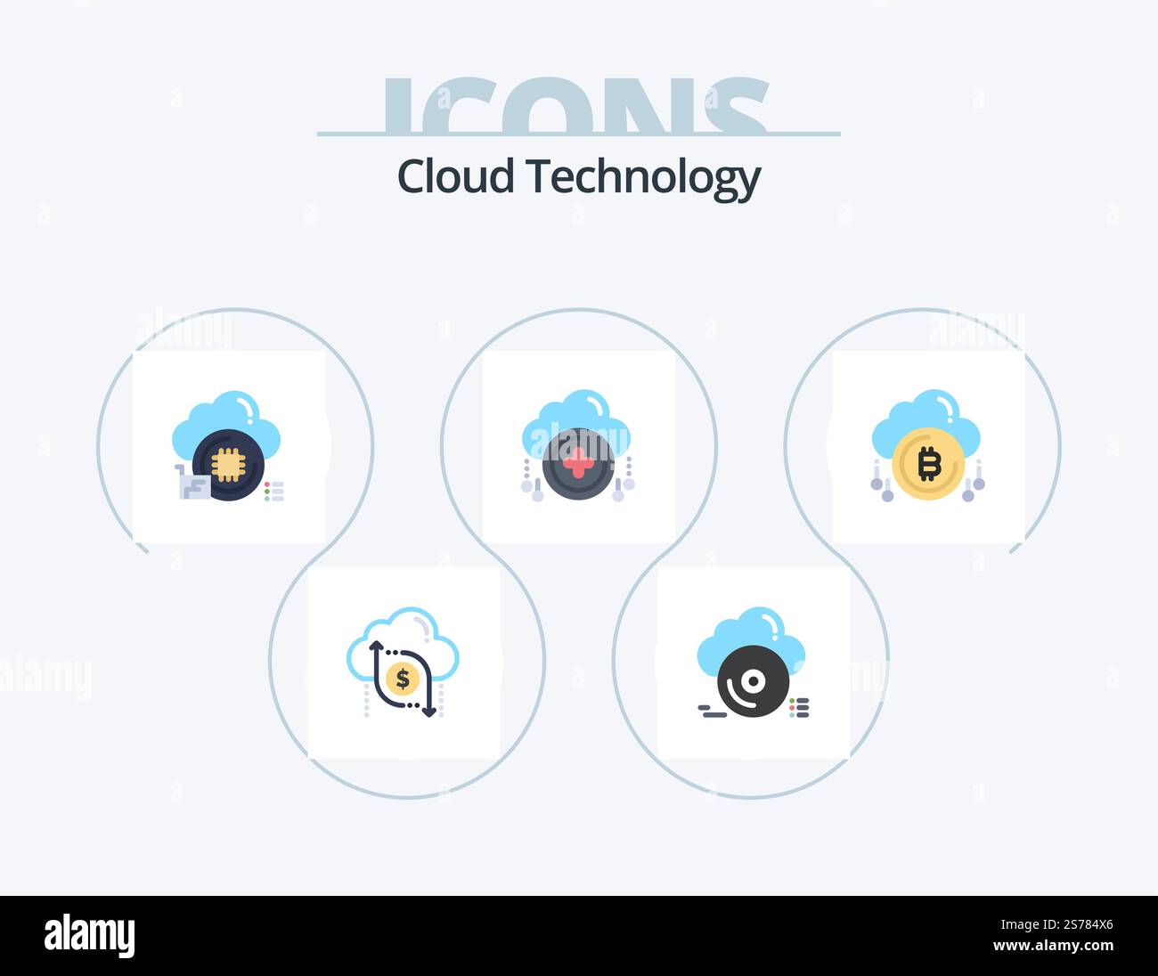 Cloud Technology Flat Icon Pack 5 Icon Design. plus. add. cloud. cloud. chip Stock Vector
