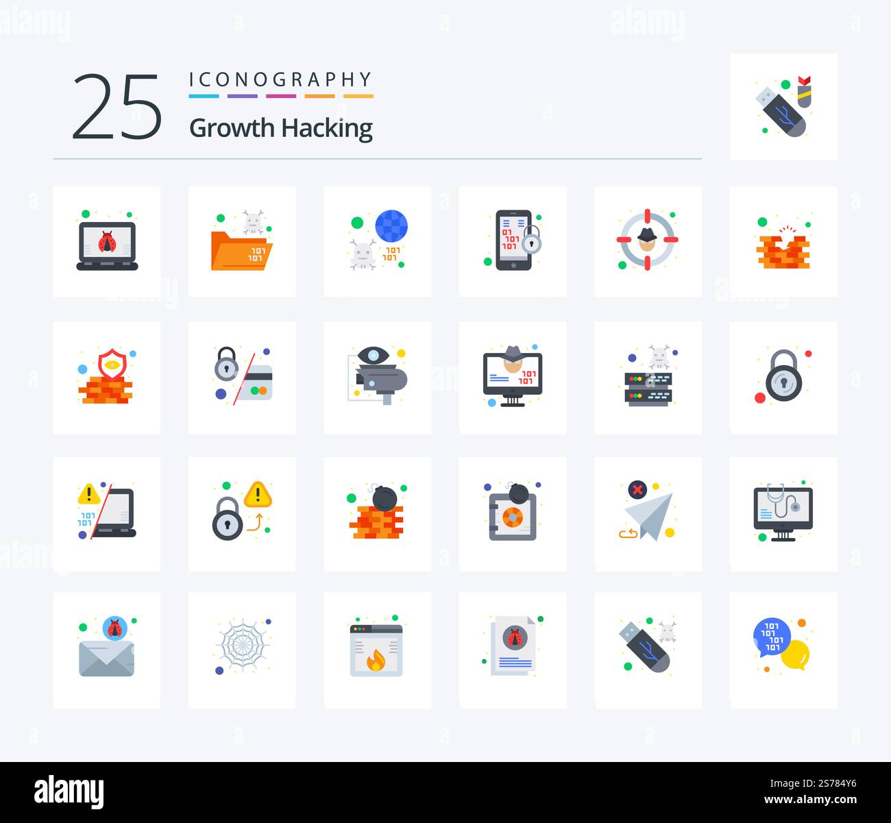 Hacking 25 Flat Color icon pack including goal. mobile. earth. lock. binary code Stock Vector