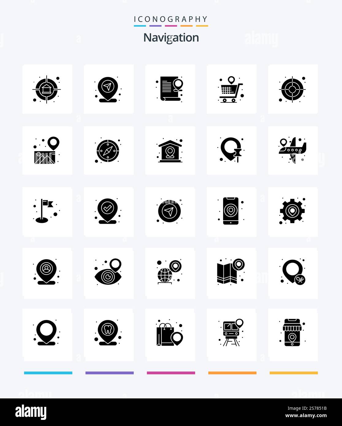 Creative Navigation 25 Glyph Solid Black icon pack  Such As map. store. online. shopping. document Stock Vector