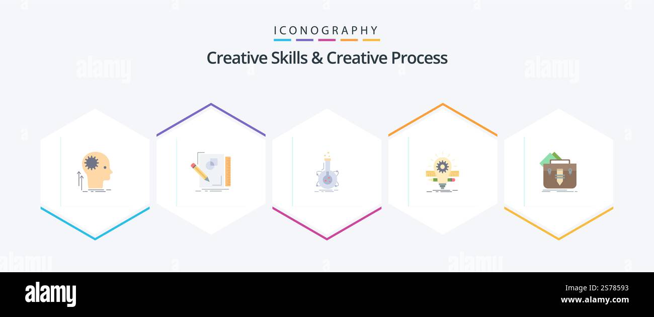 Creative Skills And Creative Process 25 Flat icon pack including bulb. deveopment. draw. development. flask Stock Vector