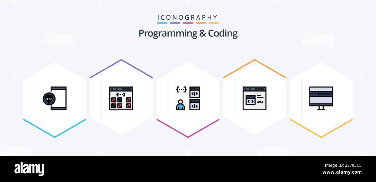 Programming And Coding 25 FilledLine icon pack including develop. browser. development. development. coding Stock Vector
