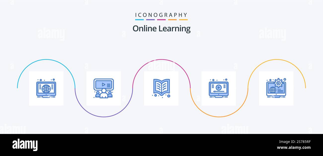 Online Learning Blue 5 Icon Pack Including content. globe. book. youtube. online Stock Vector