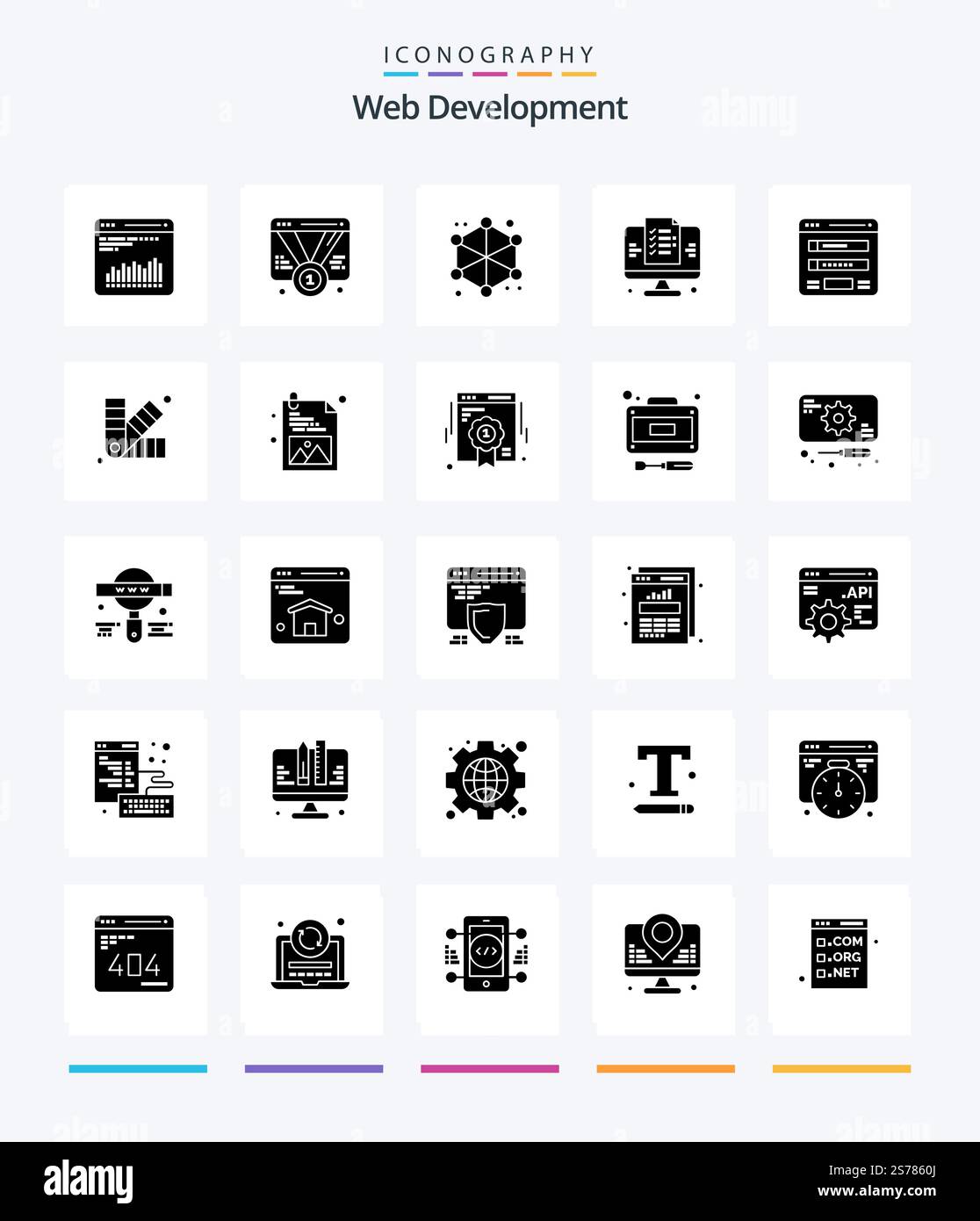 Creative Web Development 25 Glyph Solid Black icon pack  Such As flowchart. web. web. page. web Stock Vector