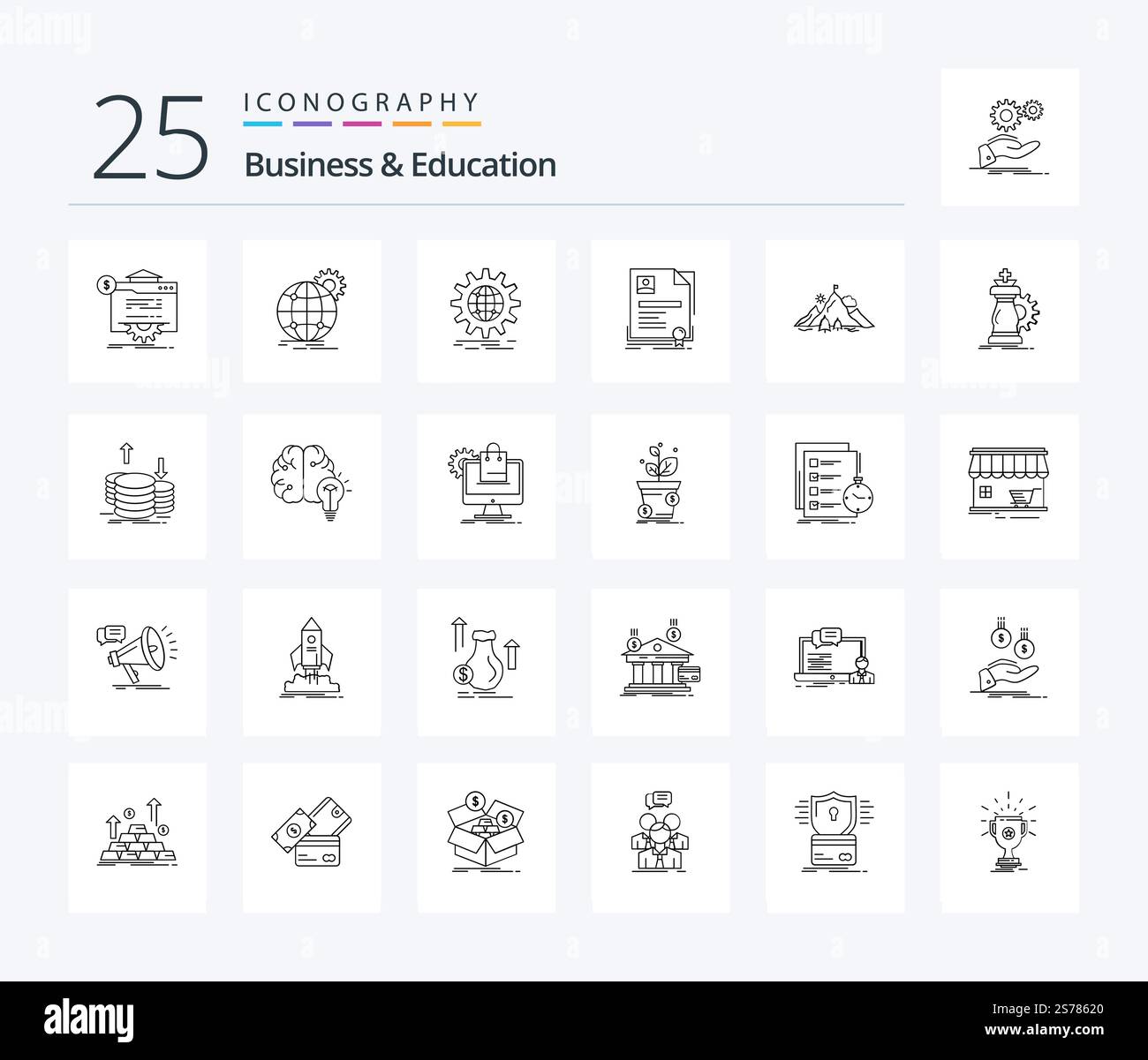 Business And Education 25 Line icon pack including mission. achievement ...