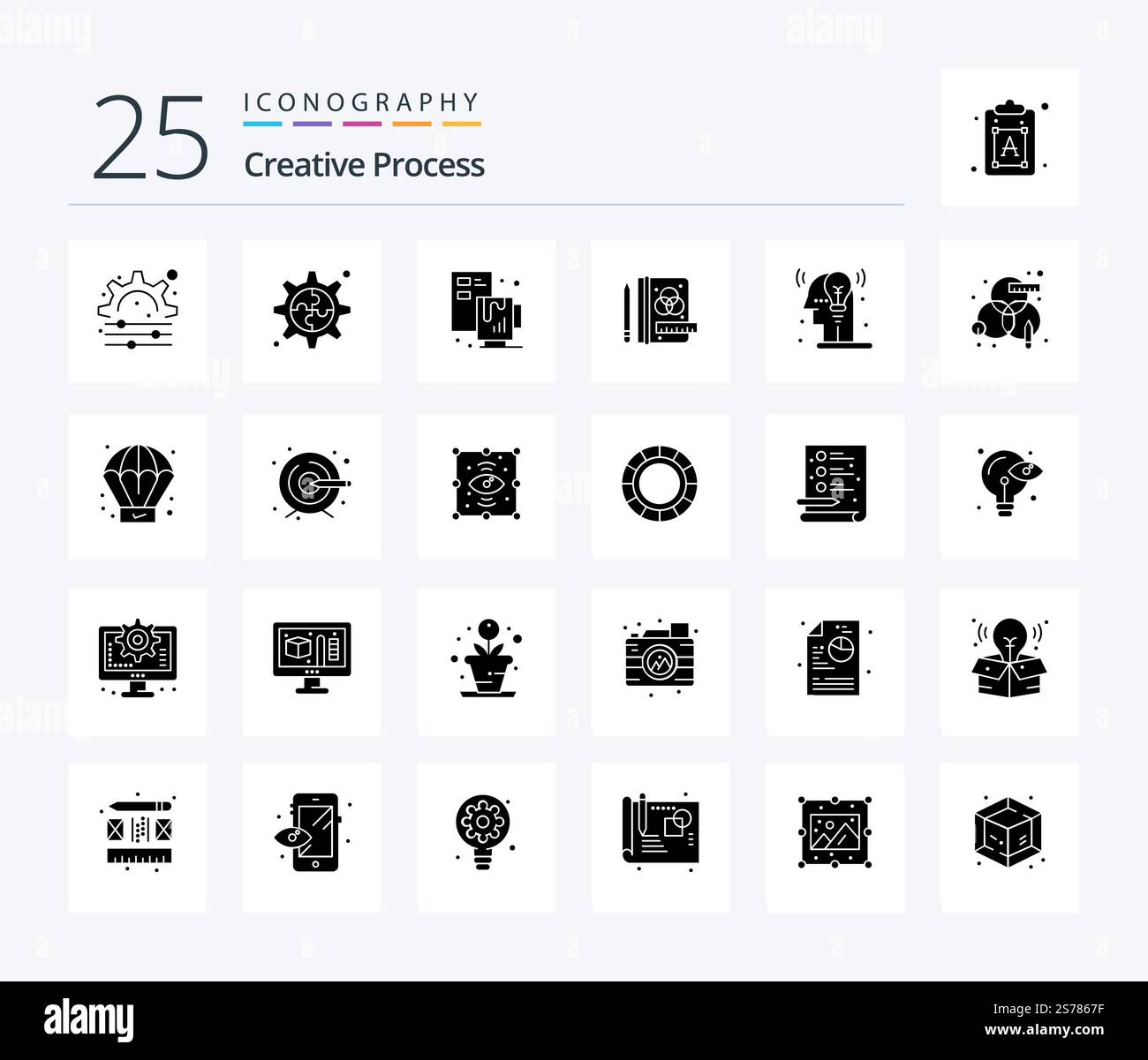 Creative Process 25 Solid Glyph icon pack including design. process. process. creative. man Stock Vector