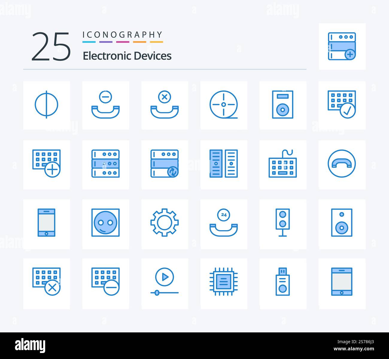 Devices 25 Blue Color icon pack including devices. computers. gadgets. turntable. products Stock Vector